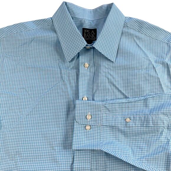 Jos A Bank Shirt Men Large Turquoise Gingham Check Cotton Travelers Button Front - Picture 1 of 16